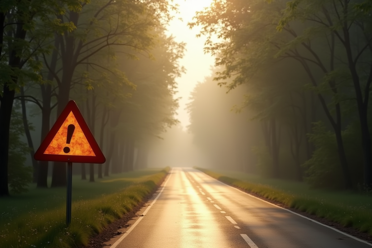 Route rurale française au matin avec panneau de caution