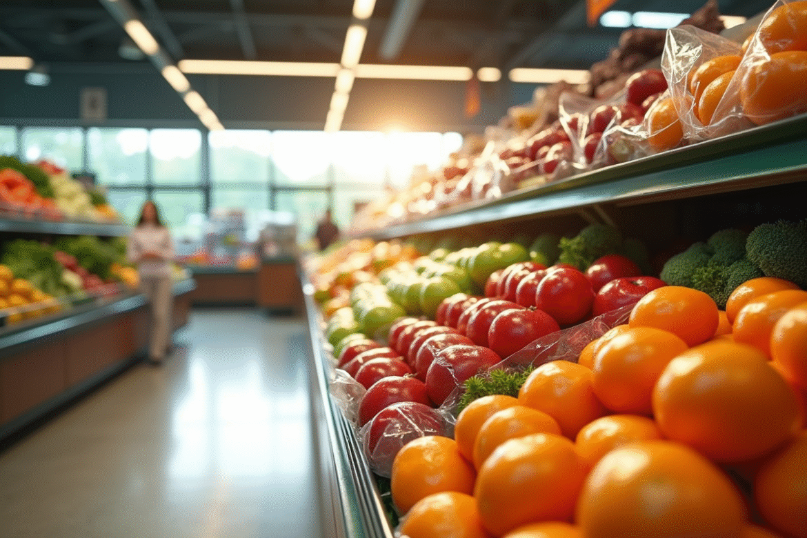 Section fruits et légumes frais dans un supermarche lumineux