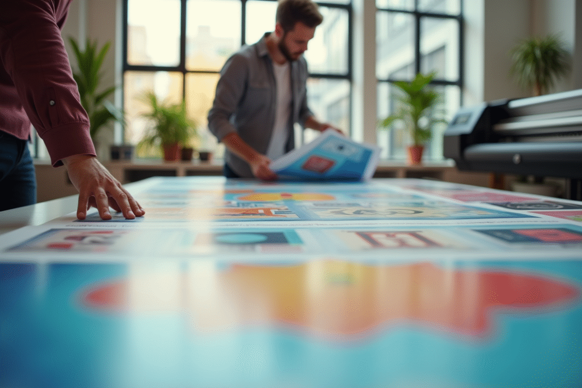 Professionnel créatif examinant des affiches colorées dans un studio