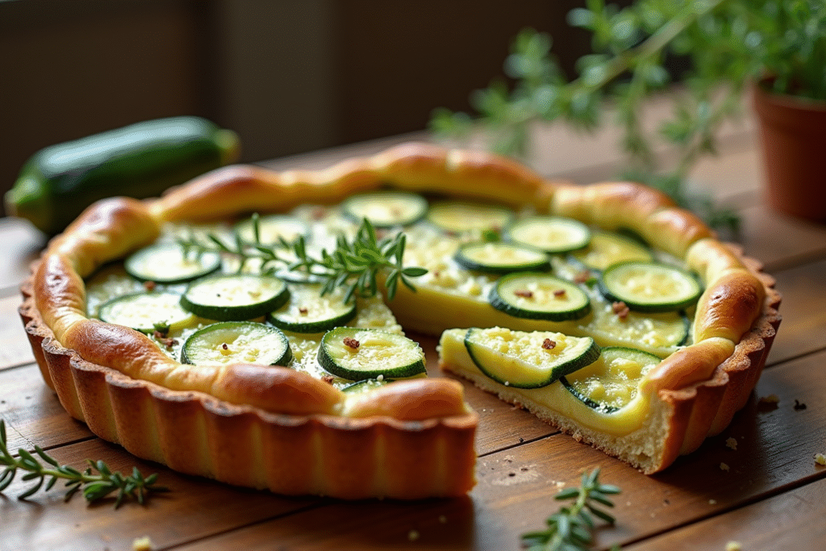Tarte à la courgette et chèvre tranchée sur table rustique