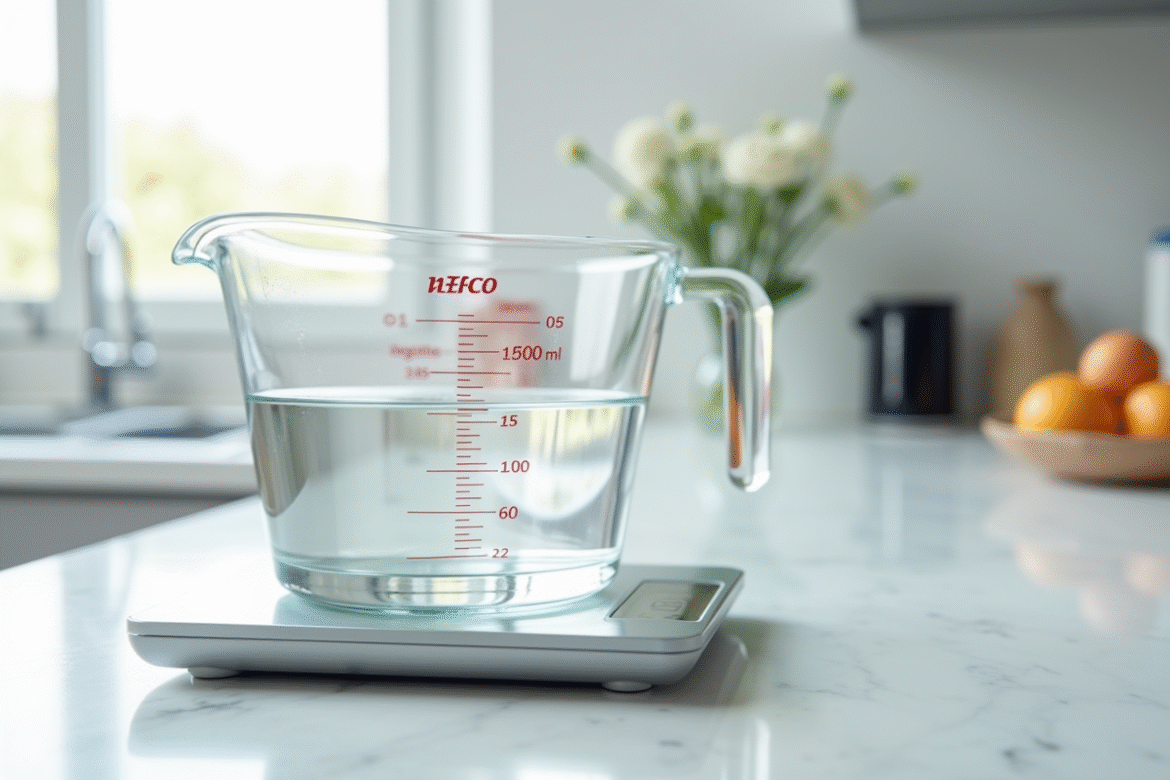 Verre mesure eau 500ml sur plan de travail blanc