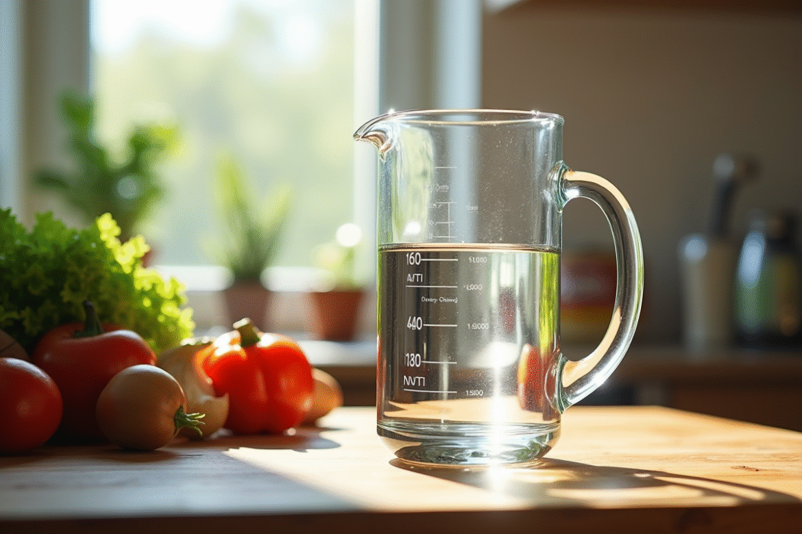 Verre mesureur rempli de 120 cl d'eau sur un plan de cuisine