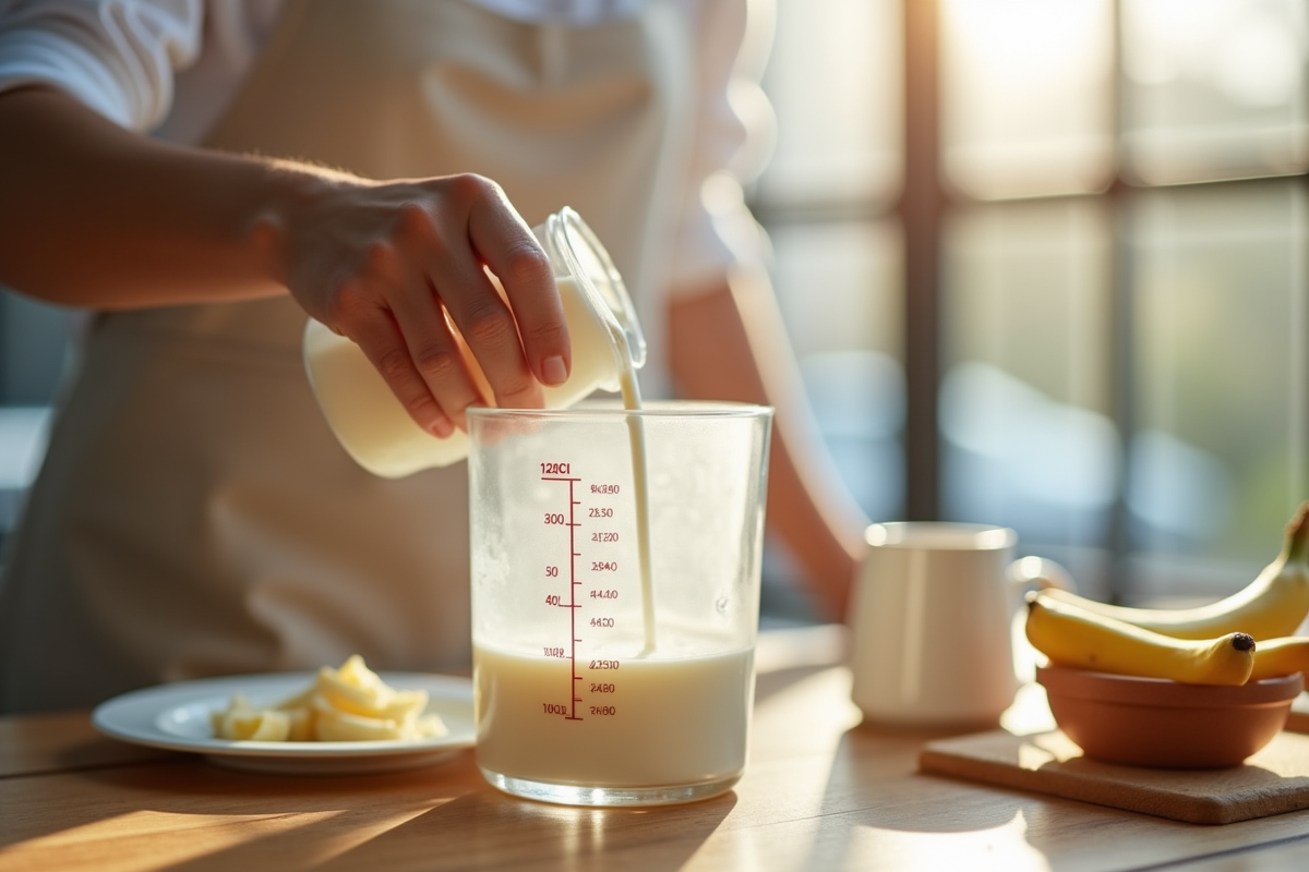 Personne versant 120 cl de lait dans un récipient au petit déjeuner