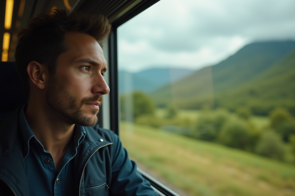 Voyageur regardant par la fenêtre du train avec paysage flou en arrière-plan
