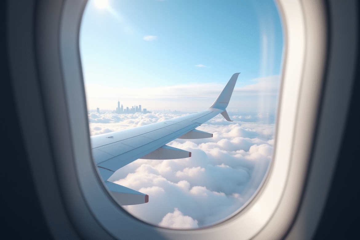 Vue d'un avion au-dessus des nuages avec New York en arrière-plan