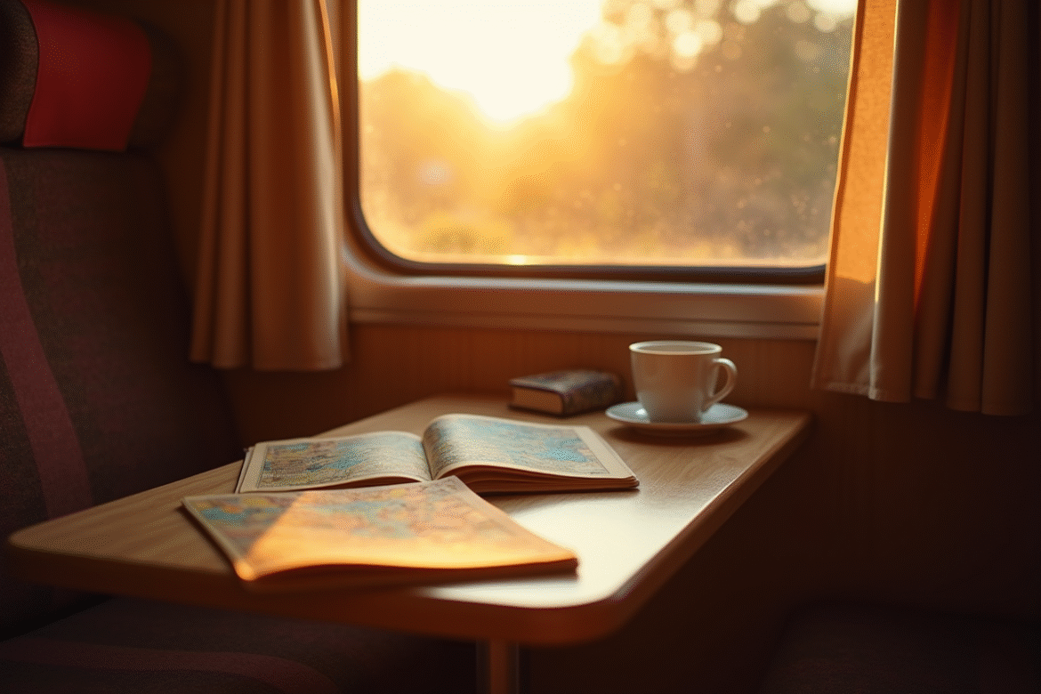 Intérieur cosy d'un wagon de train en lumière dorée avec carnet et café