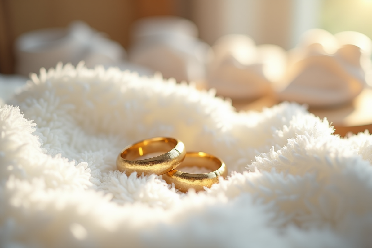 Alliances dorées sur une couverture de bébé avec chaussons