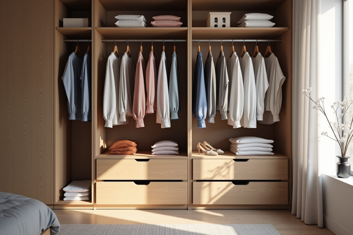 Armoire moderne avec vêtements triés par couleur et lumière naturelle