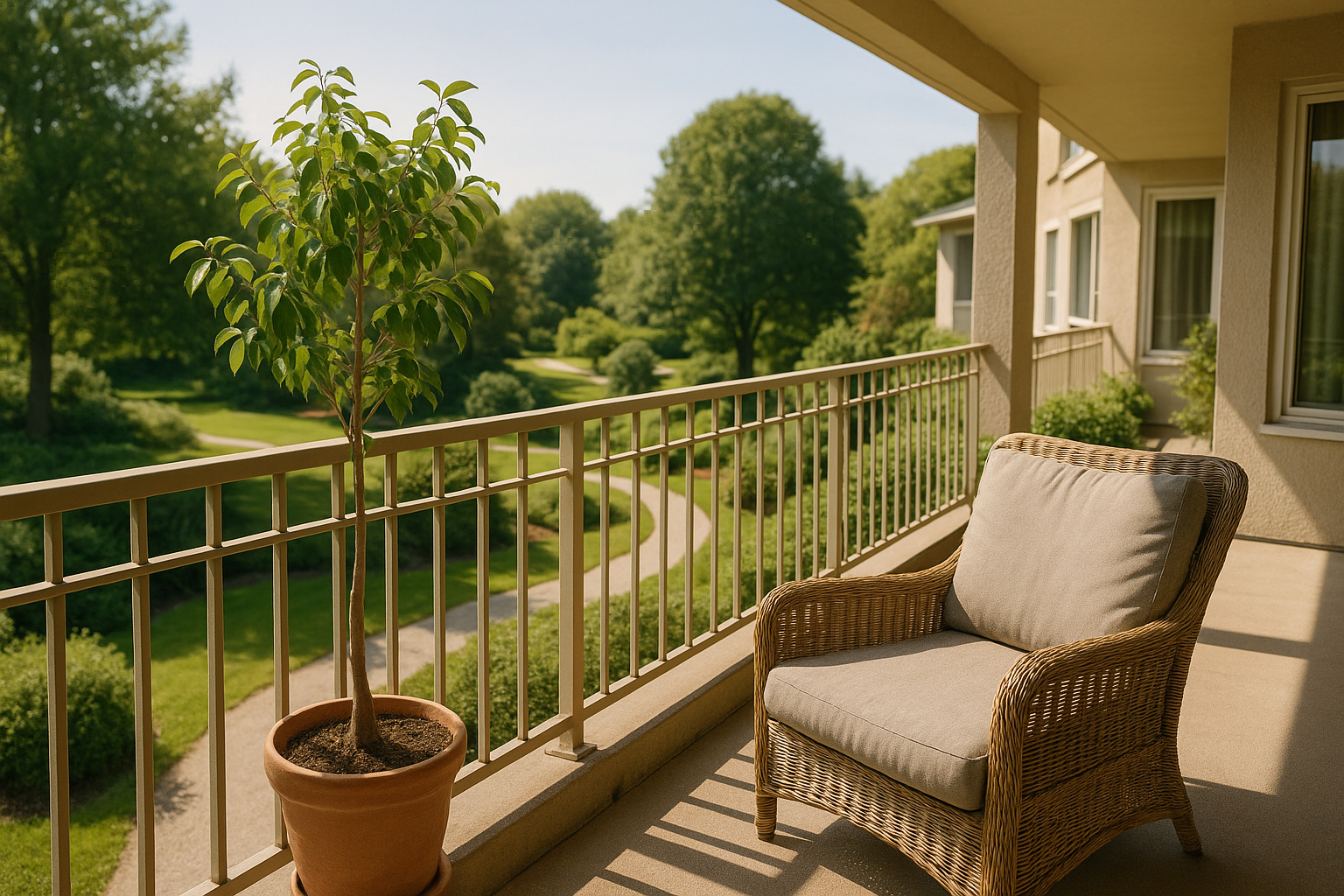 Balcon ensoleille avec vue sur jardin paisible et verdure