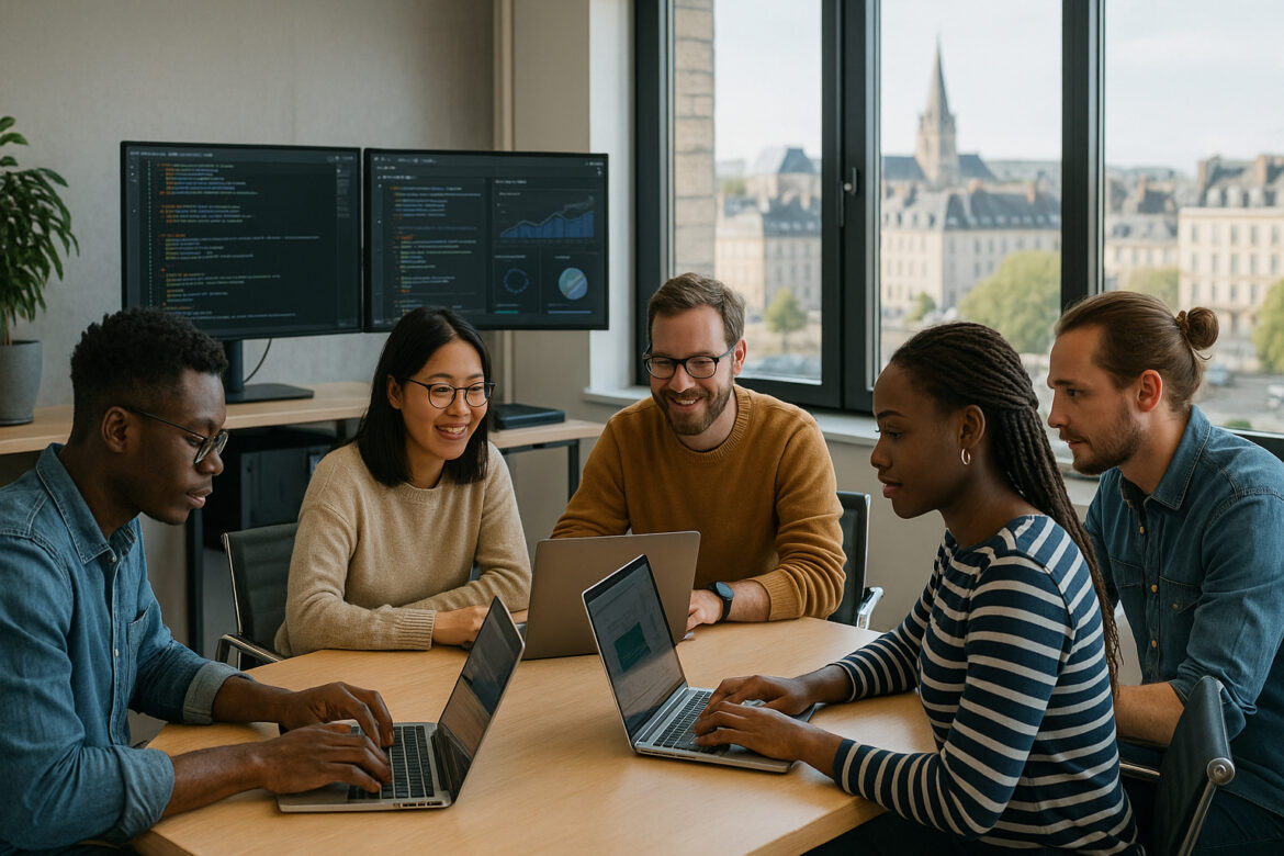 Photo d'un bureau moderne à Caen avec une équipe de développeurs