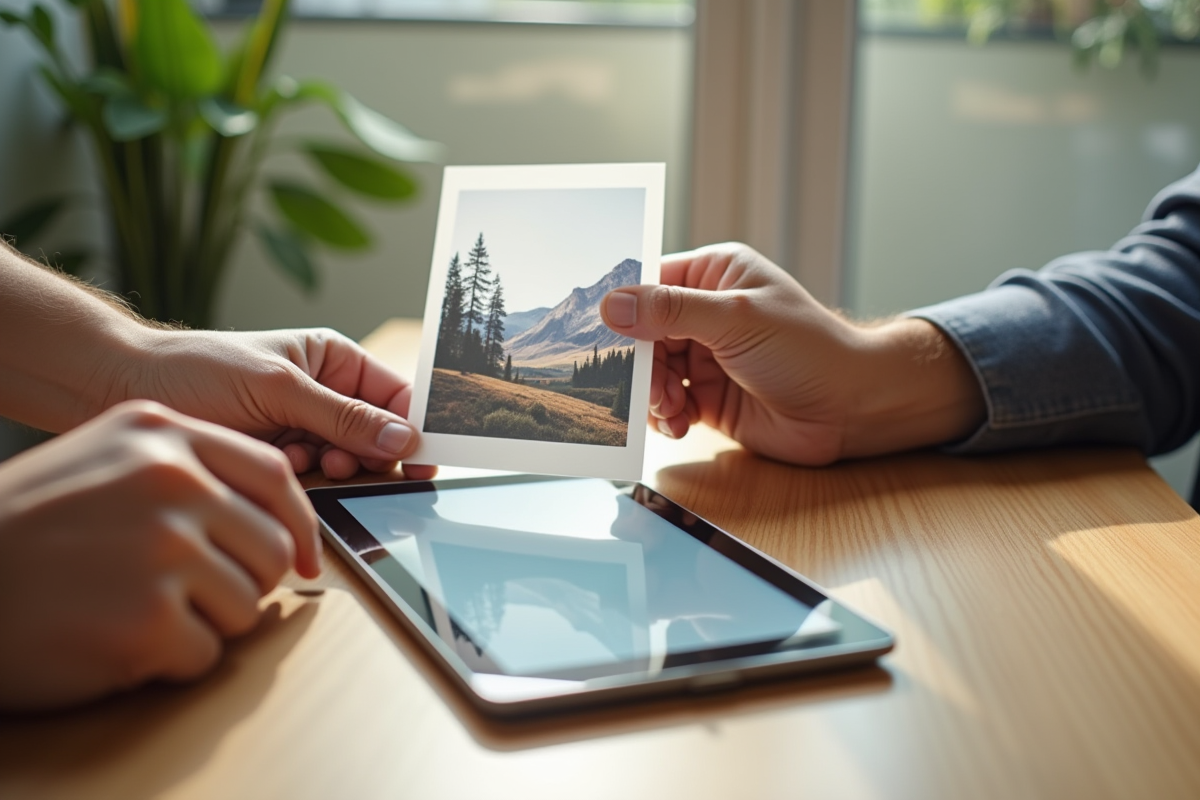 Deux mains comparant une photo imprimée et une image sur tablette sur une table