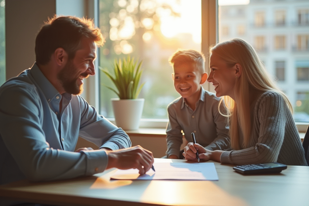 Conseiller bancaire avec un jeune couple discutant prêt immobilier