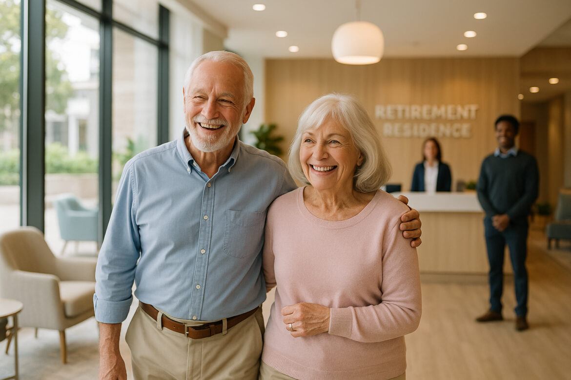 Couple senior souriant dans le hall d une residence moderne