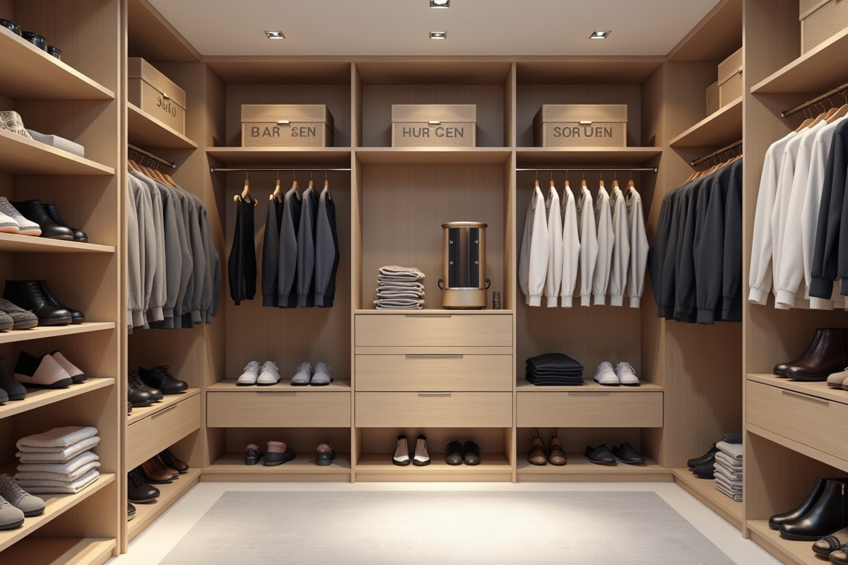 Dressing minimaliste avec boîtes étiquetées et chaussures alignées