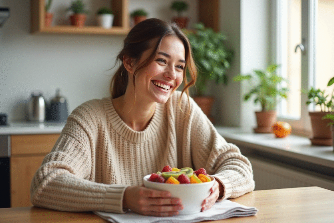 Femme souriante dégustant une salade de fruits dans la cuisine