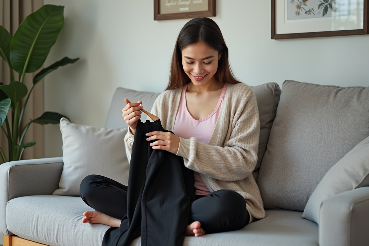 Jeune femme repasse un pantalon noir sur un canapé dans un salon cosy