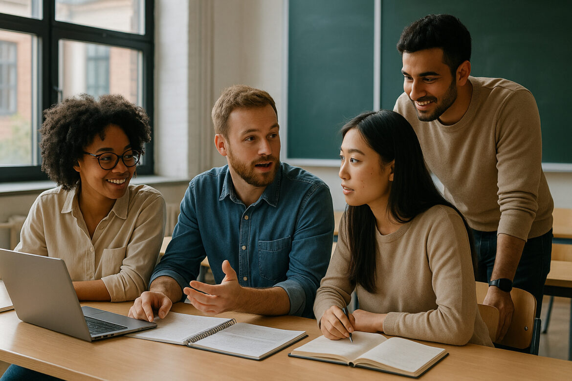 Groupe d'étudiants en discussion dans une salle moderne