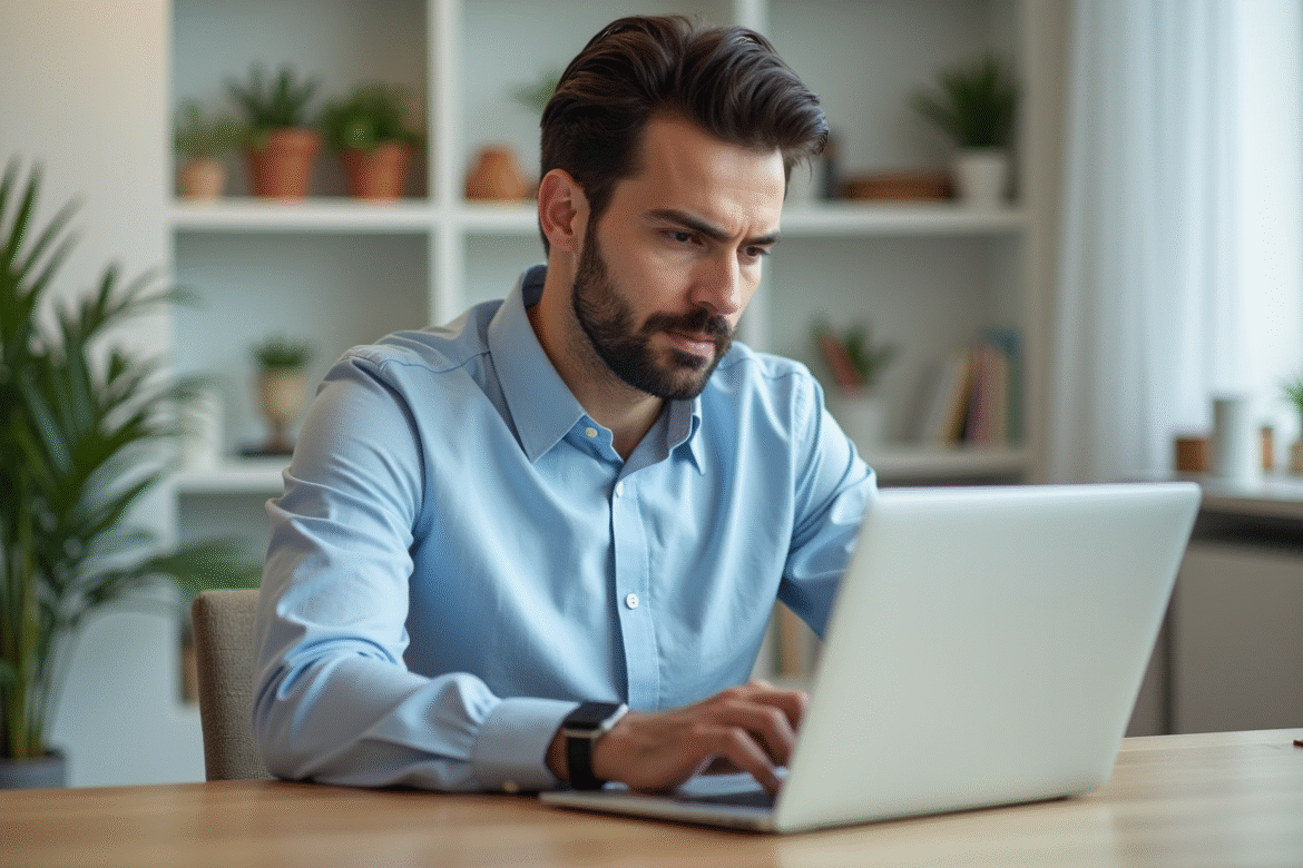 Homme en visioconference dans un bureau moderne et épuré