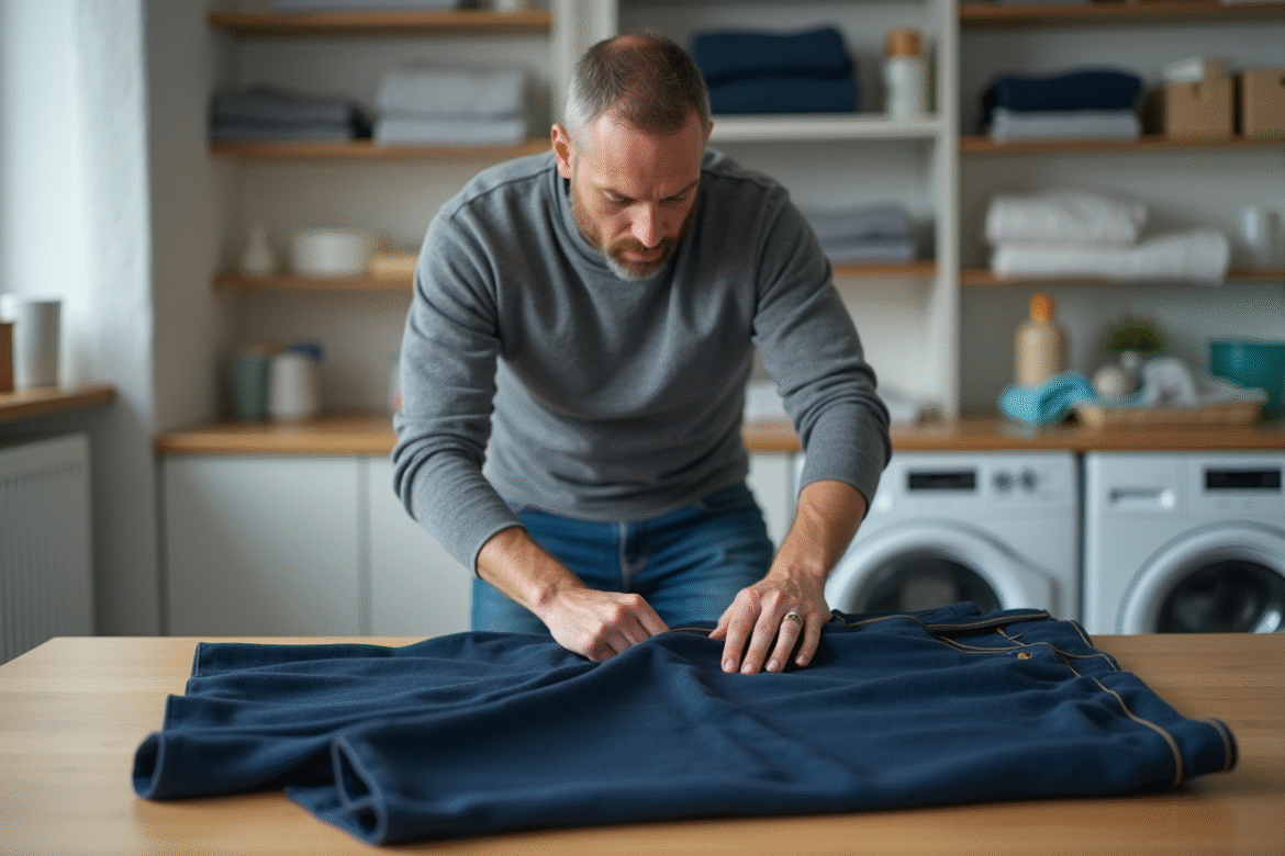 Homme d'âge moyen plie un pantalon bleu foncé dans une buanderie lumineuse