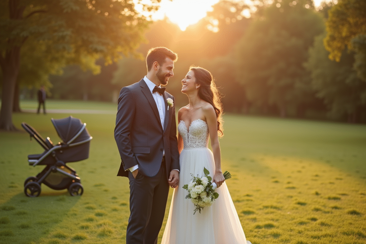 Jeune couple marié main dans la main dans un parc ensoleille