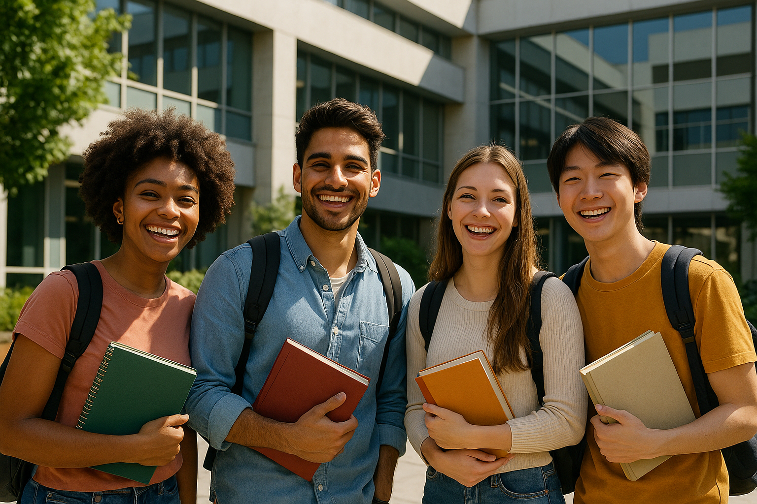 Groupe de jeunes adultes souriants devant un bâtiment éducatif