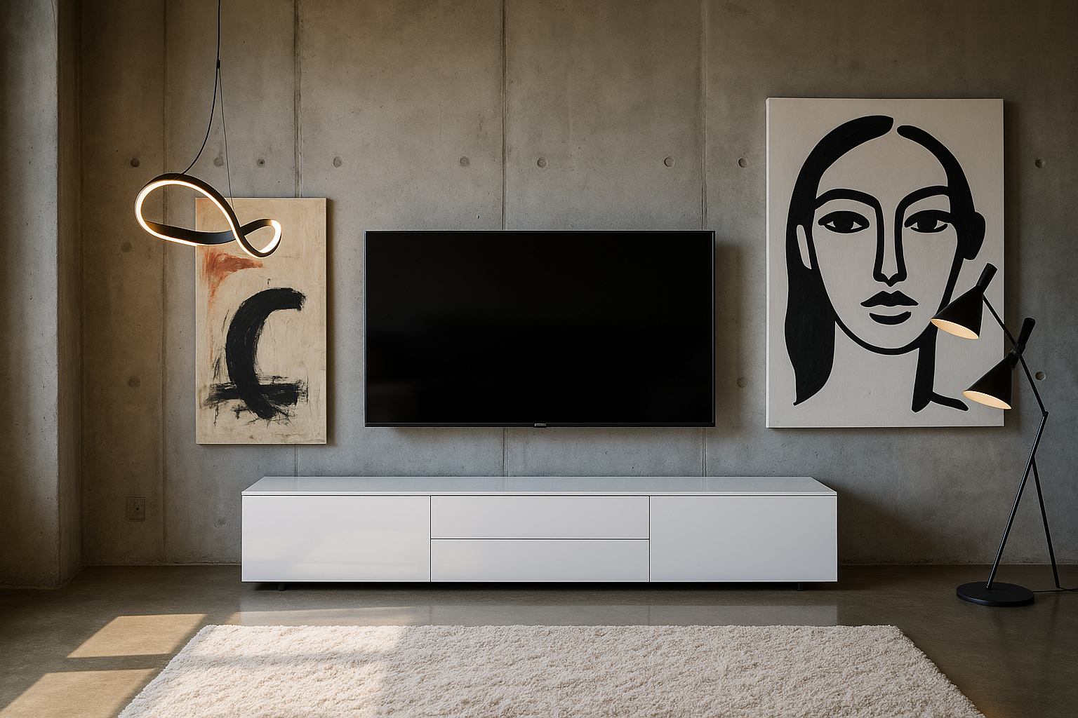 Intérieur loft contemporain avec TV mural et décoration artistique