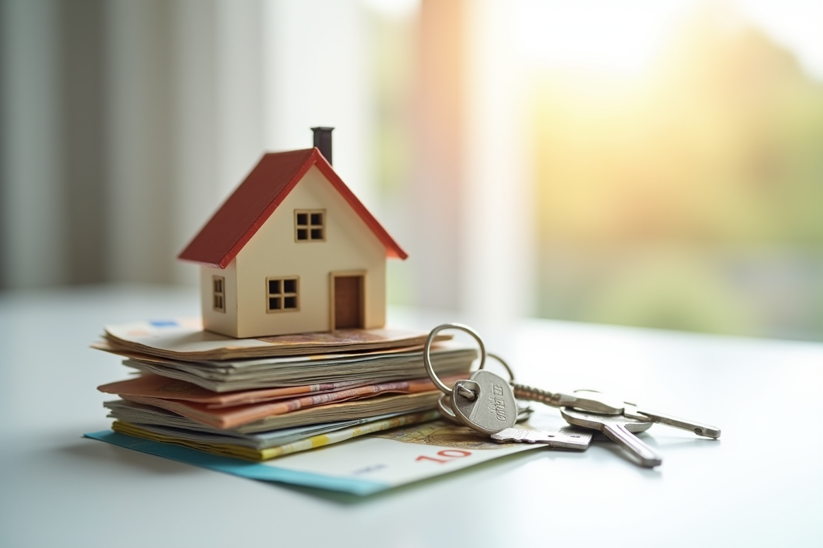 Modèle de maison avec billets d euros et clés sur fond blanc