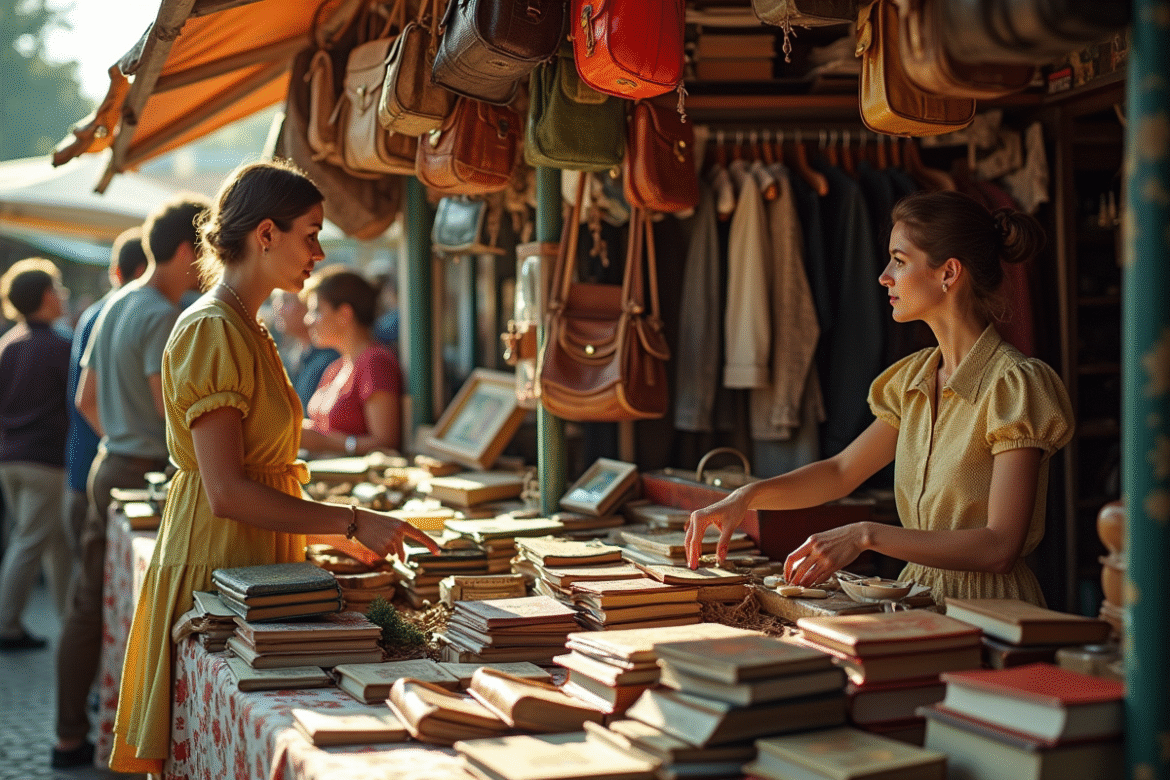 Marché vintage des années 70 avec vêtements et objets anciens