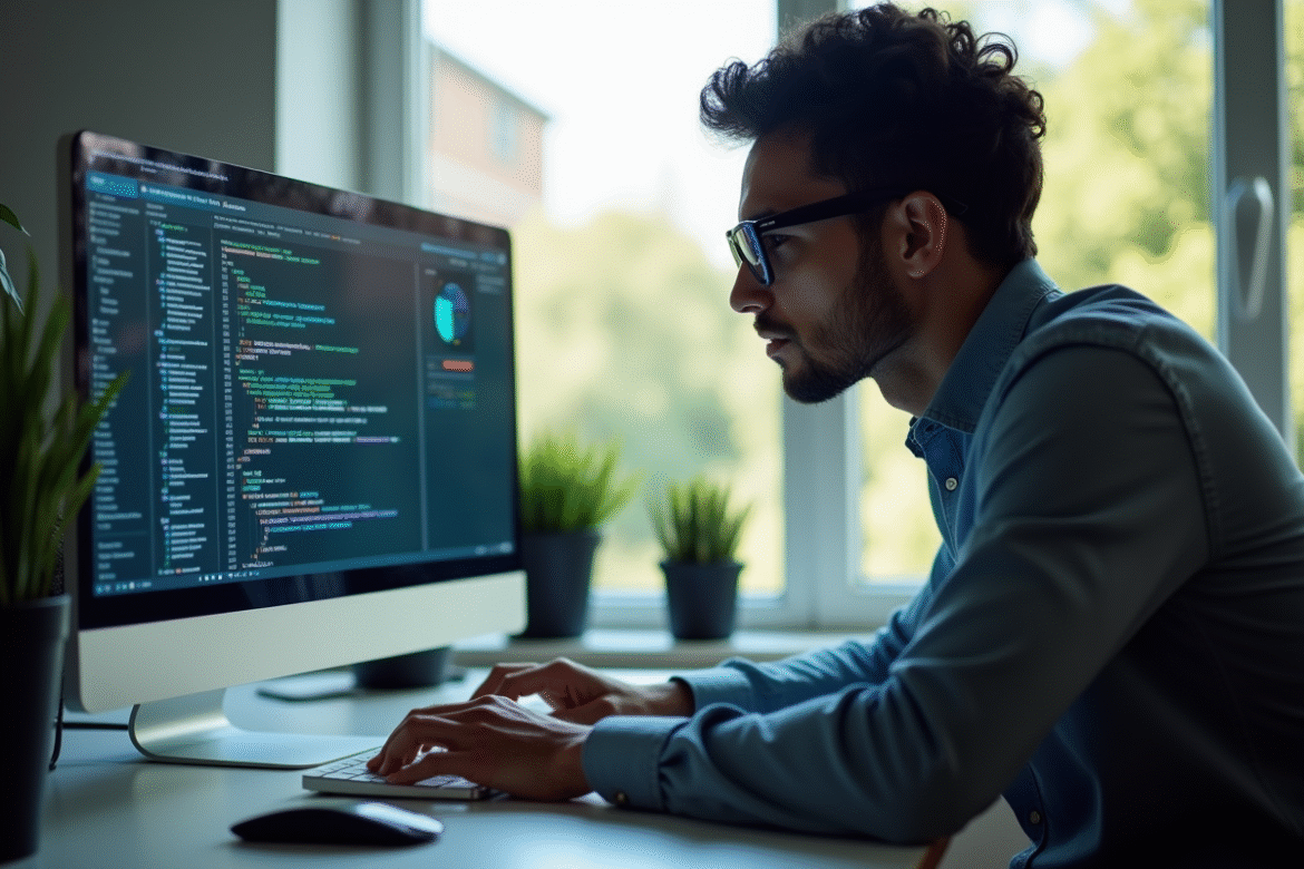 Personne étudiant devant un ordinateur avec code AI dans un bureau lumineux