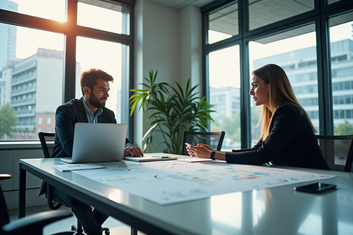 Deux professionnels IT discutant architecture logiciel dans un bureau lumineux