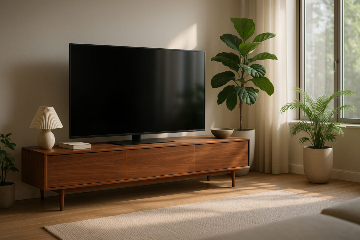 Photo d'un salon moderne avec meuble TV en bois et grande TV