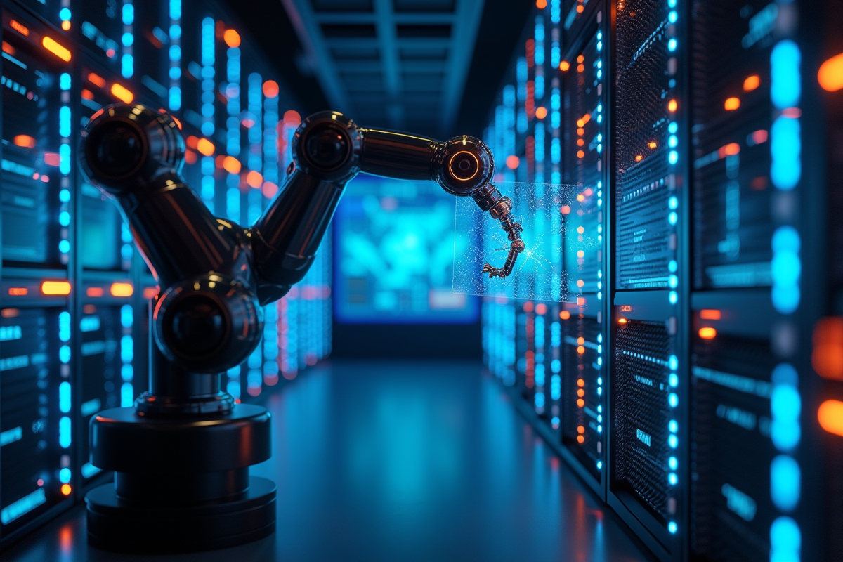 Salle serveurs futuriste avec bras robotique et interface tactile lumineuse