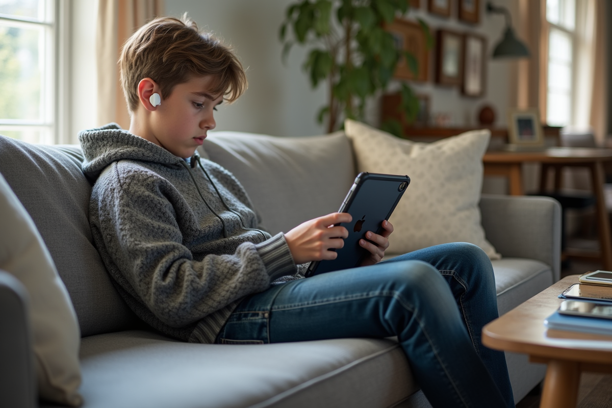 Adolescent utilisant un iPad dans un salon lumineux