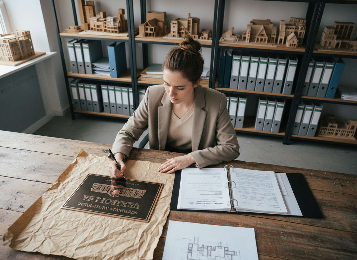Jeune architecte examine une plaque de bâtiment sur un bureau