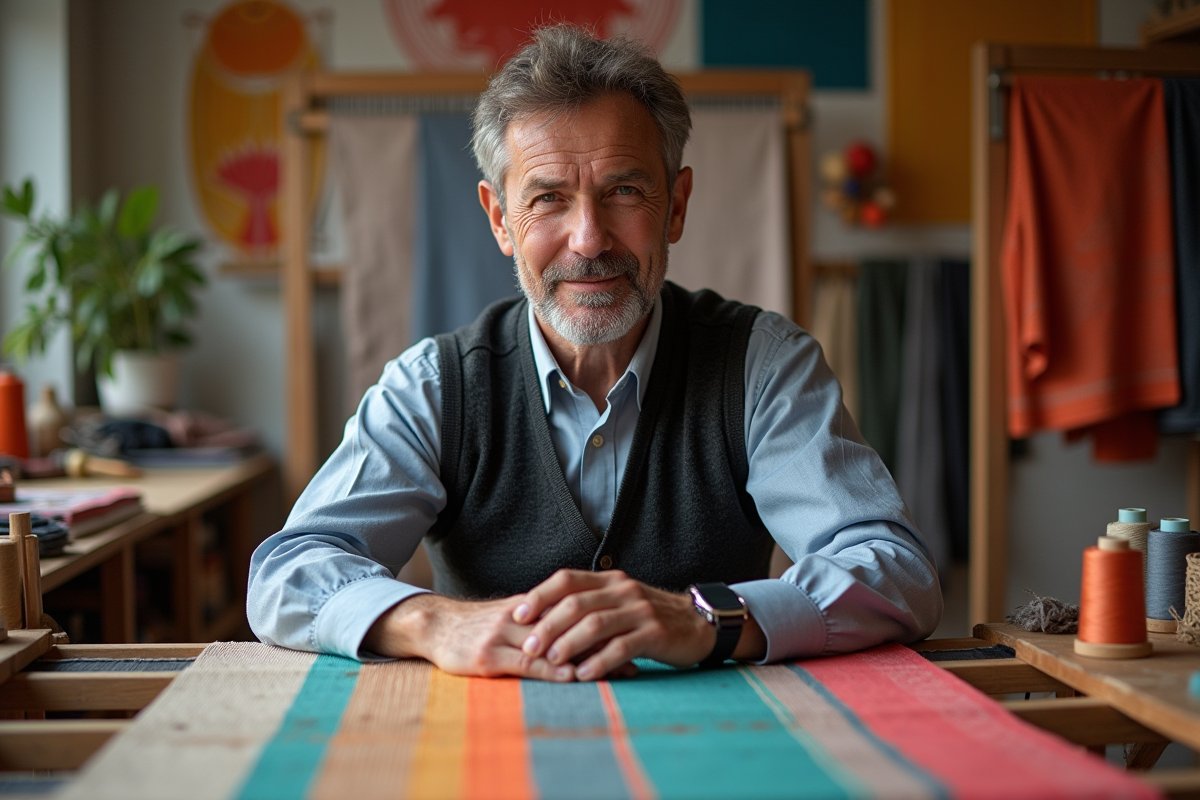 Artisan assis à son métier à tisser avec tissus colorés et outils