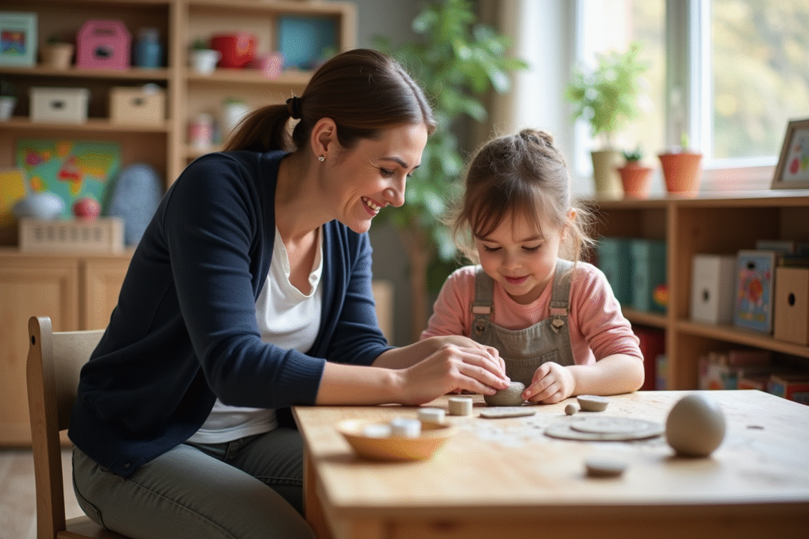 Femme et enfant façonnant de l'argile dans une classe lumineuse