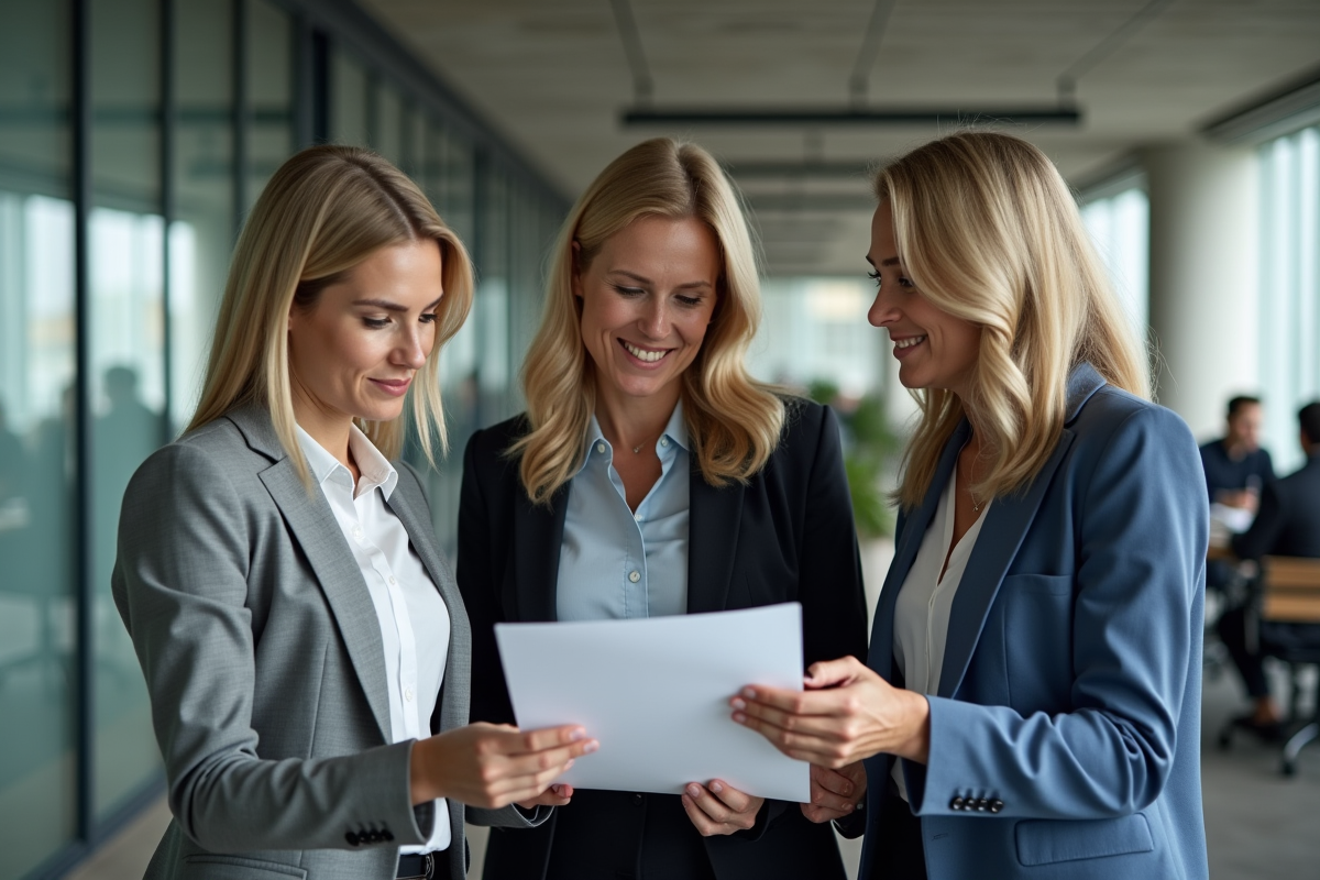 Groupe de professionnels en discussion dans un espace de travail moderne