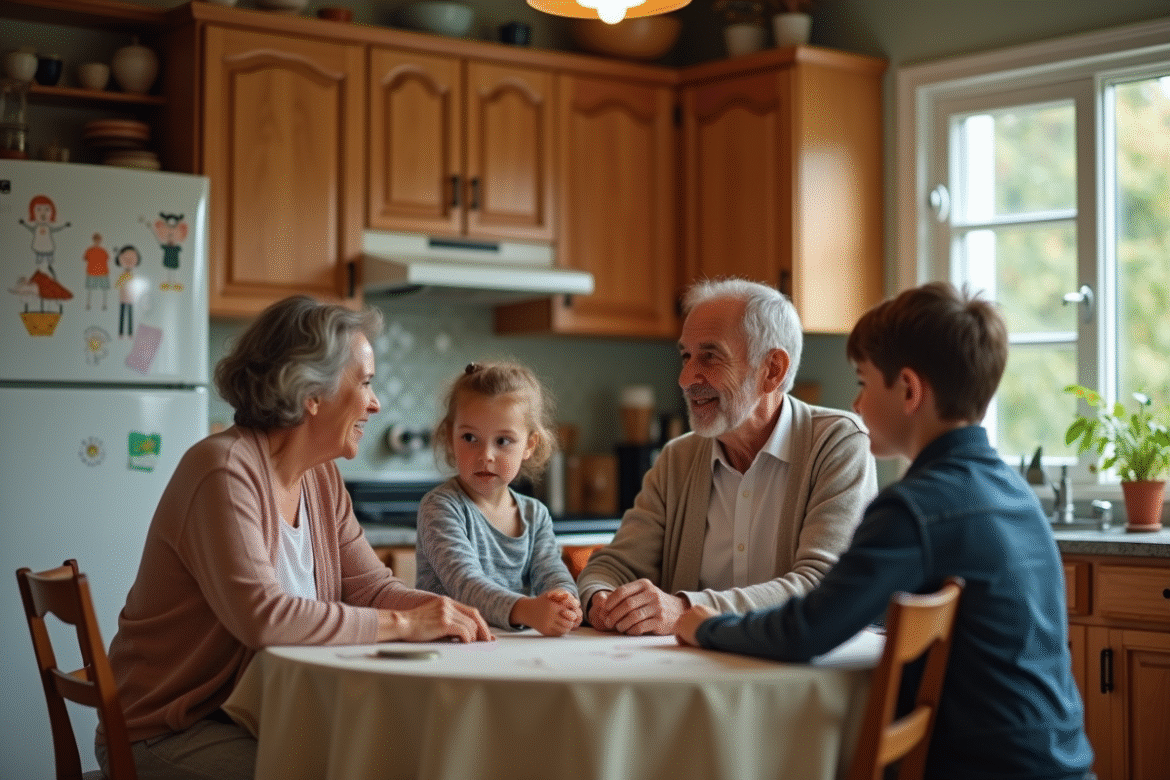 Famille multigeneration autour d'une table en cuisine chaleureuse