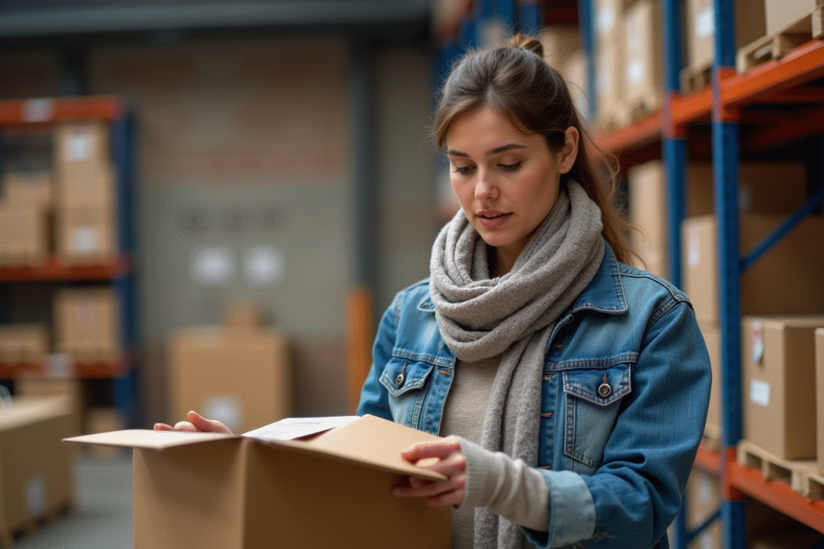 Femme en denim examine un colis dans un entrepôt postal