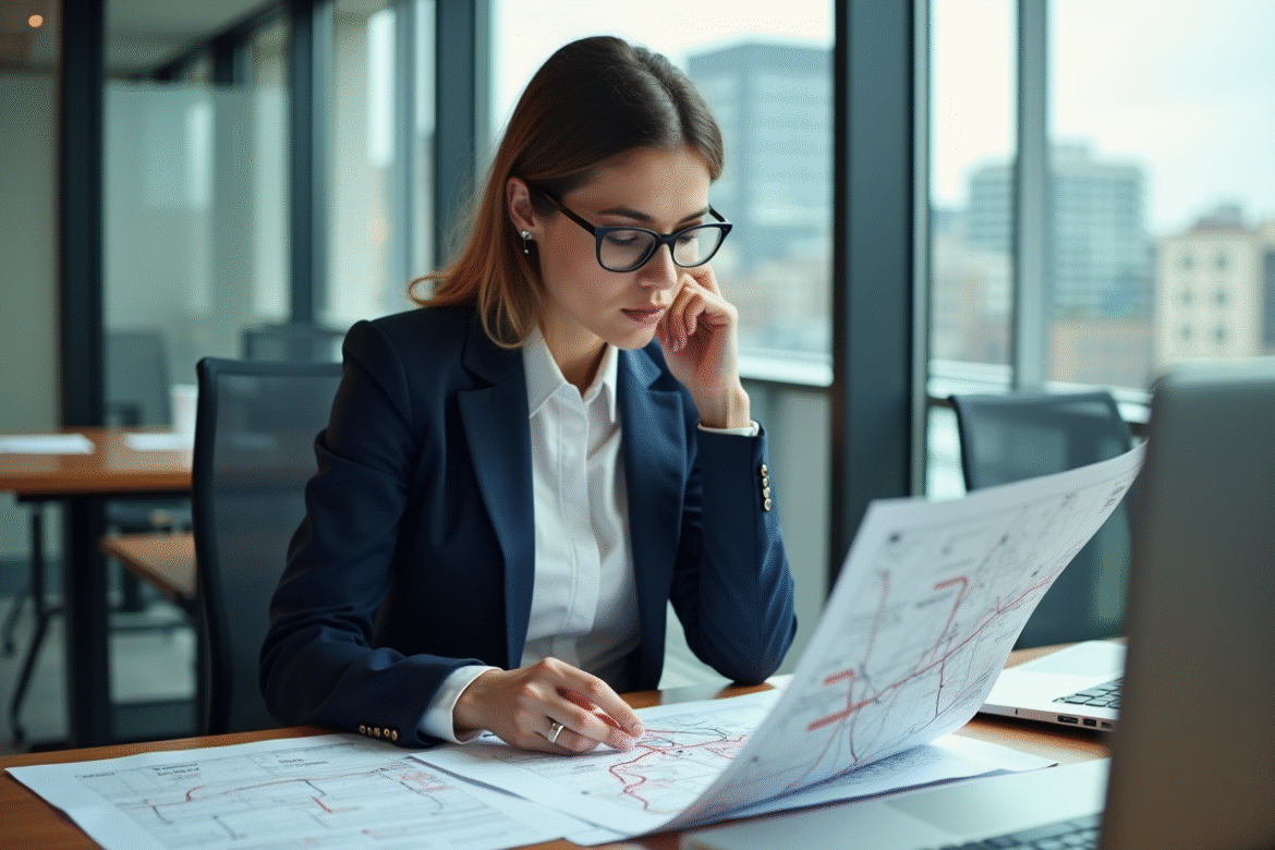 Femme d affaires étudie un réseau ferroviaire complexe