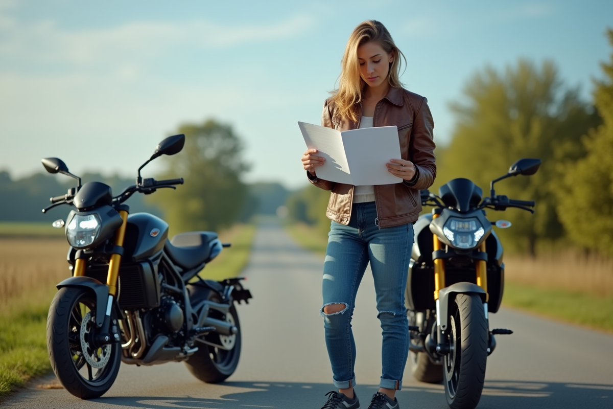 Femme compare deux motos 125cc en campagne