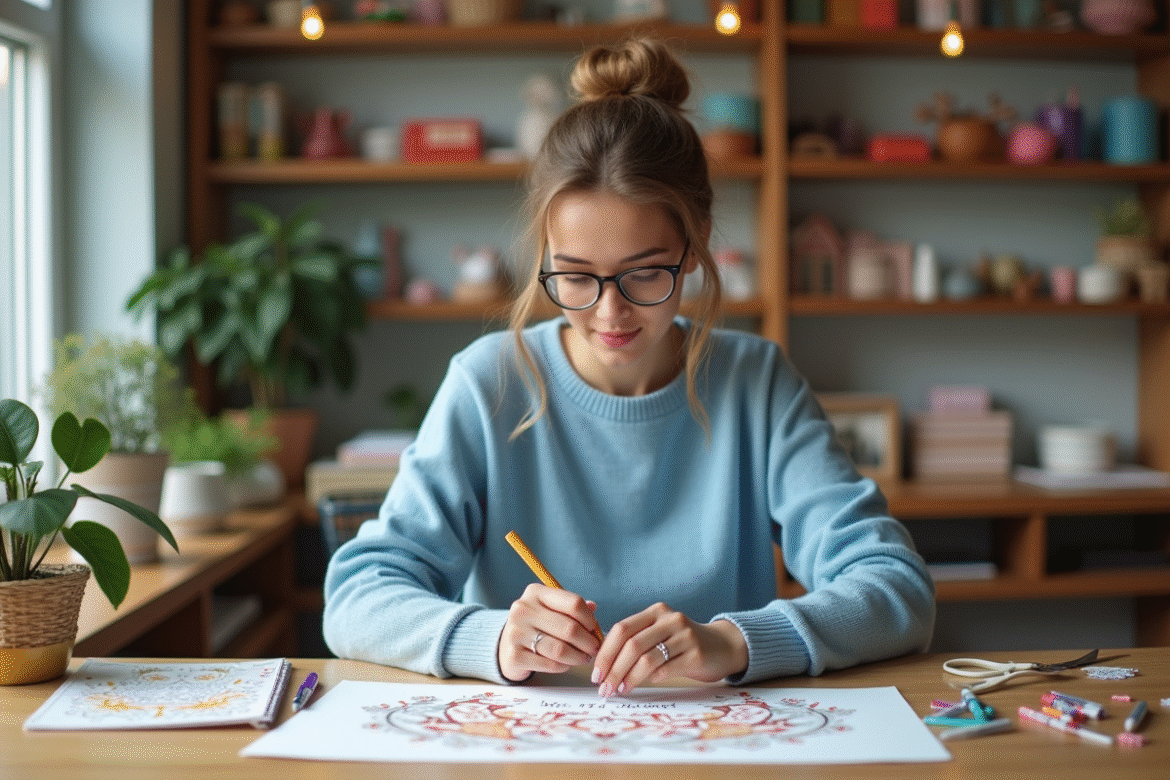 Jeune femme créant une carte personnalisée dans un bureau cosy