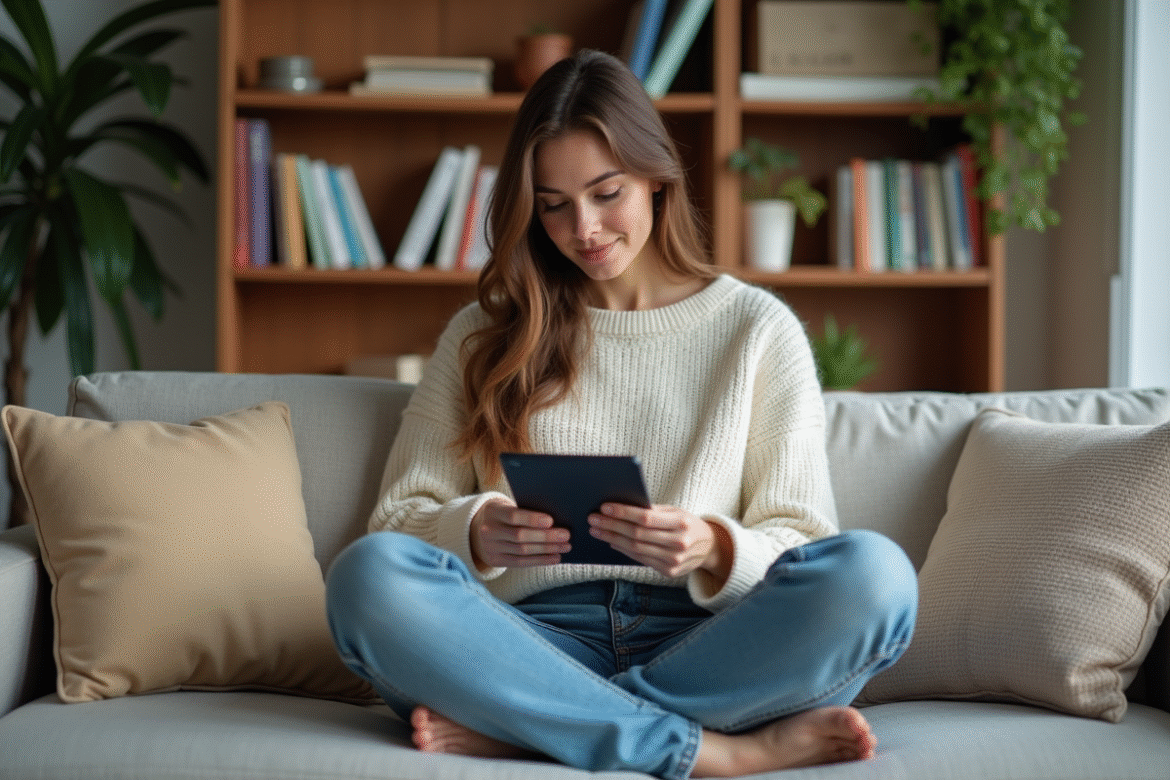 Femme lisant un livre électronique dans un salon cosy