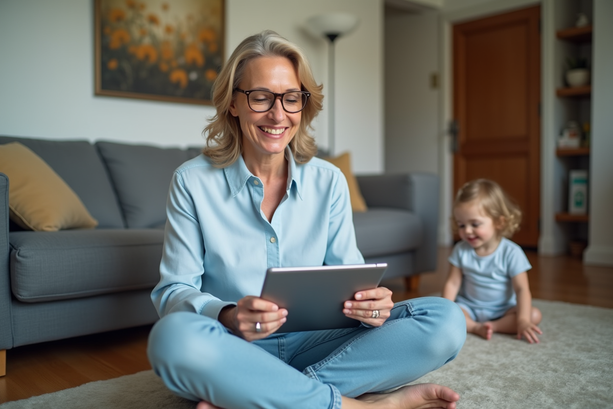 Femme souriante utilisant un VPN avec sa fille dans le salon