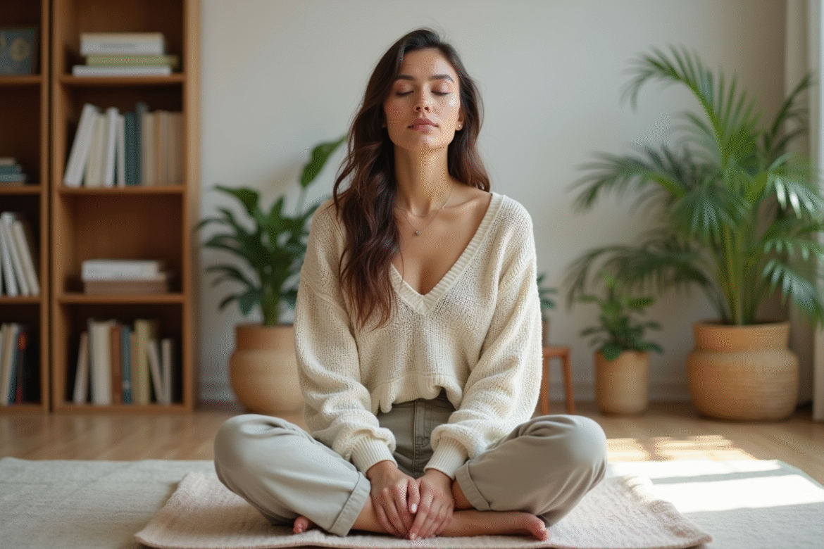 Femme assise en méditation dans un intérieur paisible