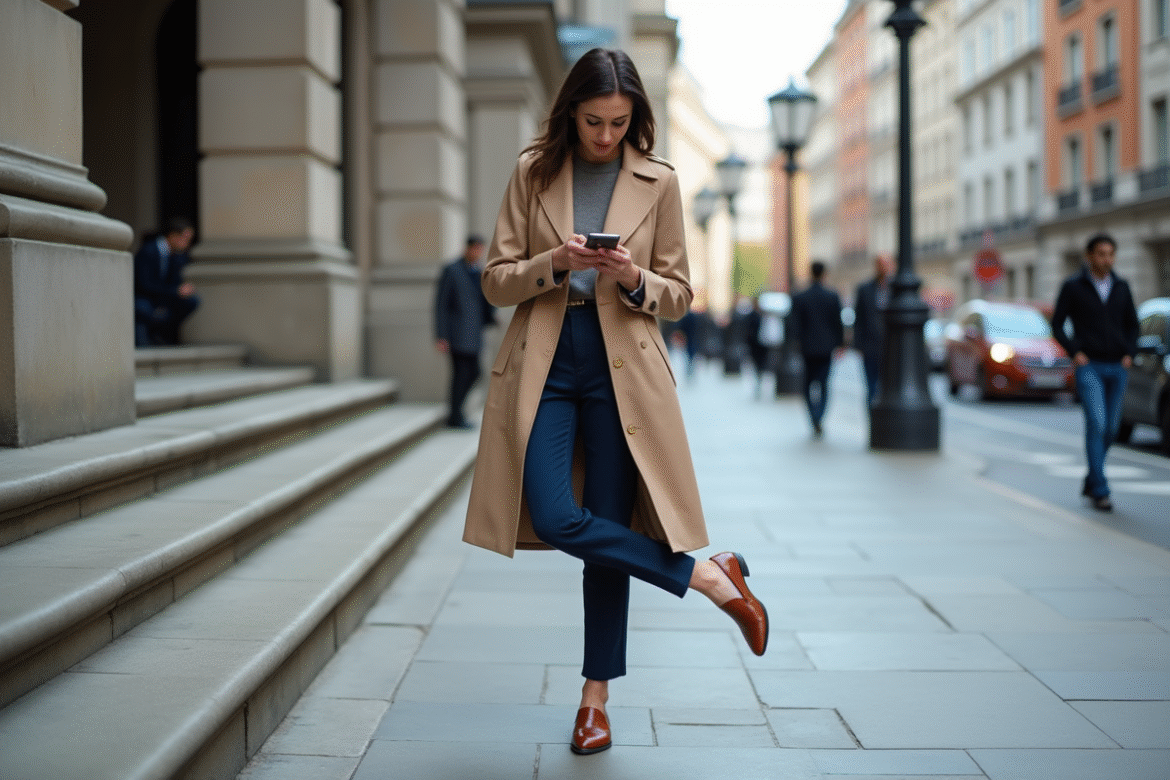 Femme élégante en trench beige et chaussures en ville