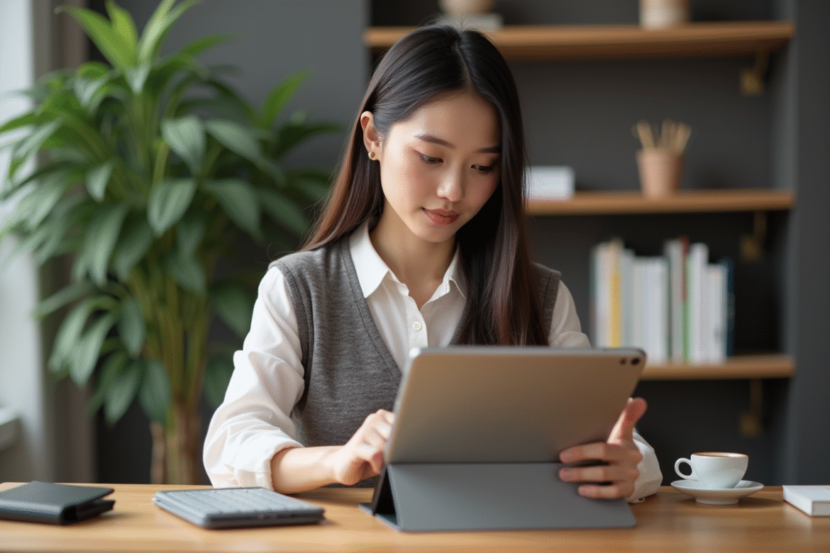 Jeune femme organisant accessoires iPad dans un bureau moderne