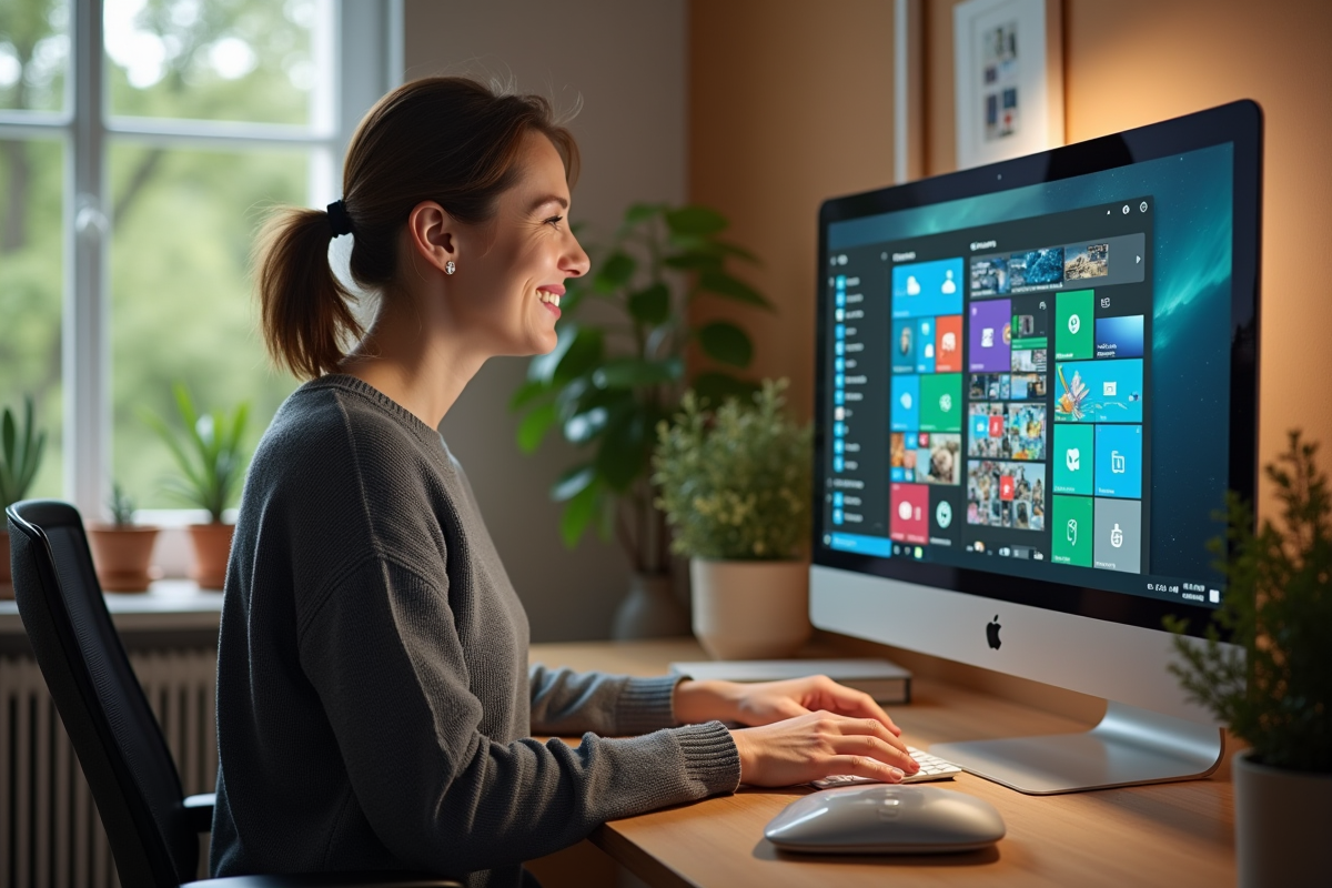 Femme souriante utilisant une interface graphique sur un grand écran