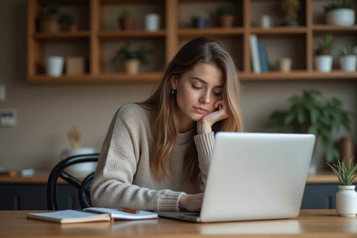 Jeune femme concentrée sur son ordinateur dans la cuisine