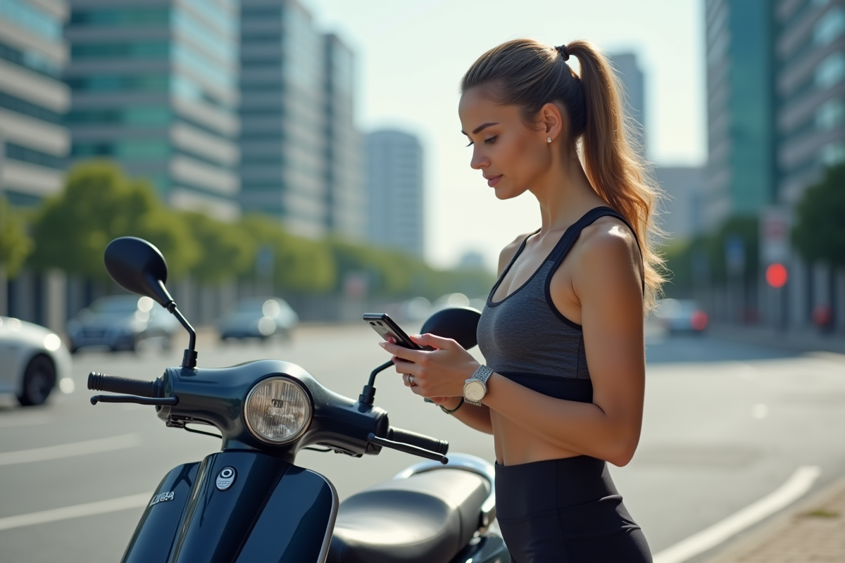Femme vérifiant son smartphone près de son scooter en ville
